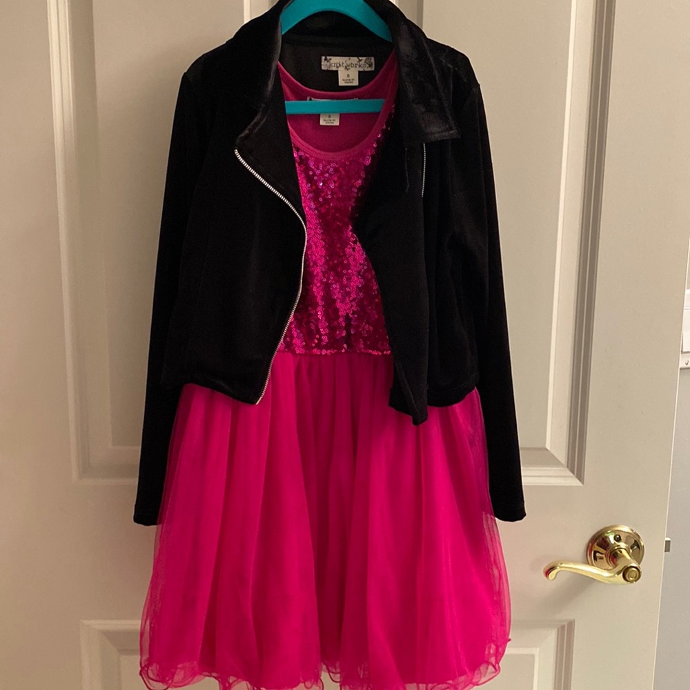 Adorable hot pink holiday dress with cute velvet jacket. Worn once
